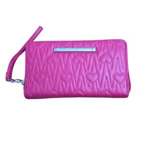 Betsey Johnson Fuchsia Pink Heart Quilted Chevron Zip Around Wristlet Wallet